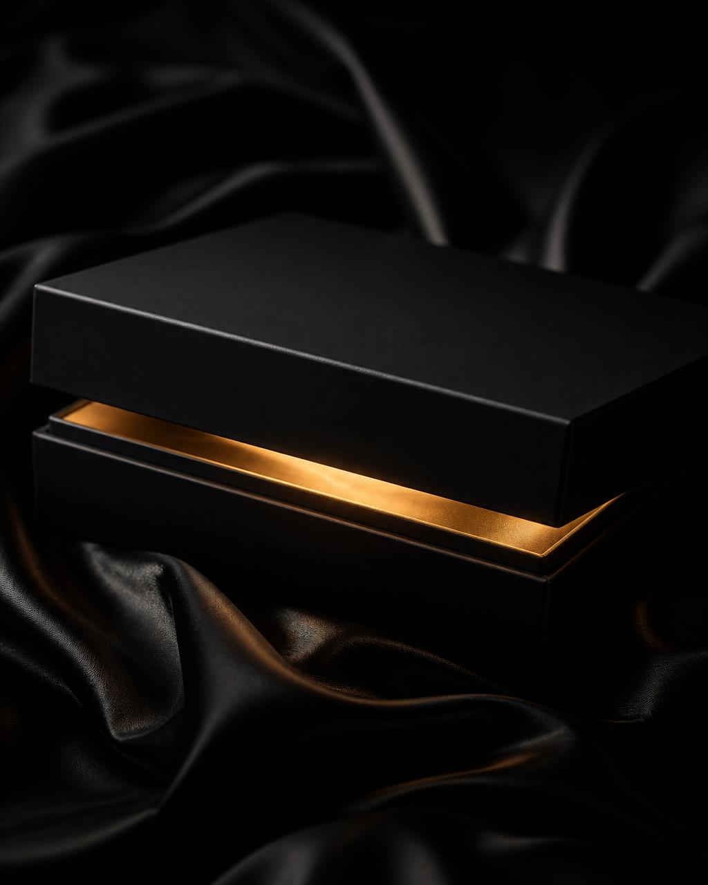 A black presentation box with warm golden light escaping